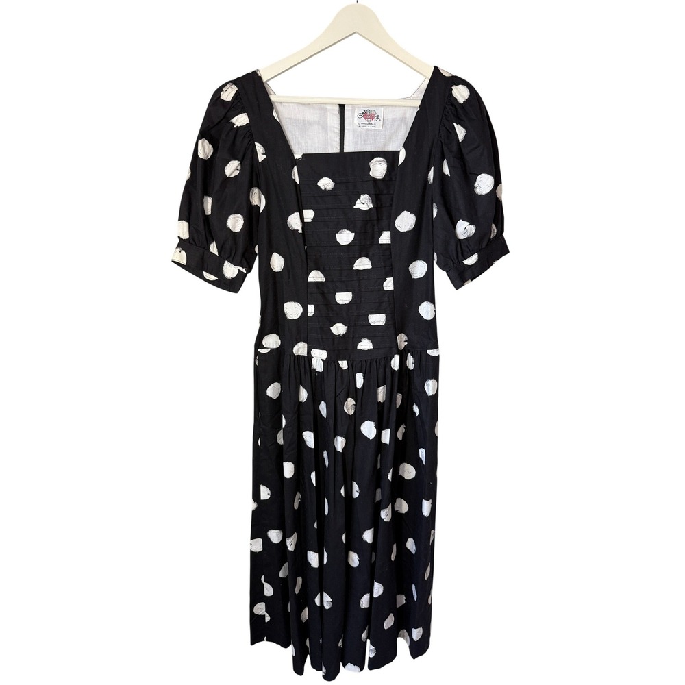 Vintage Lanz Originals Black Polka Dot Puff‎ Sleeve Midi Dress Pockets